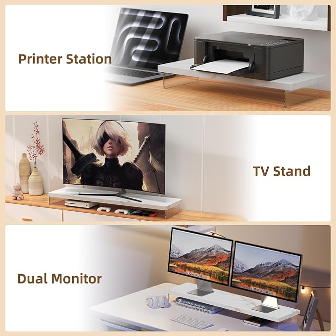 Dual Monitor Stand Riser, 40" Large Computer Monitor Stands for 2 Monitors, Wooden Desktop Organizer Shelf for Office Desk Computer, Laptop, TV, Monitor, Printer