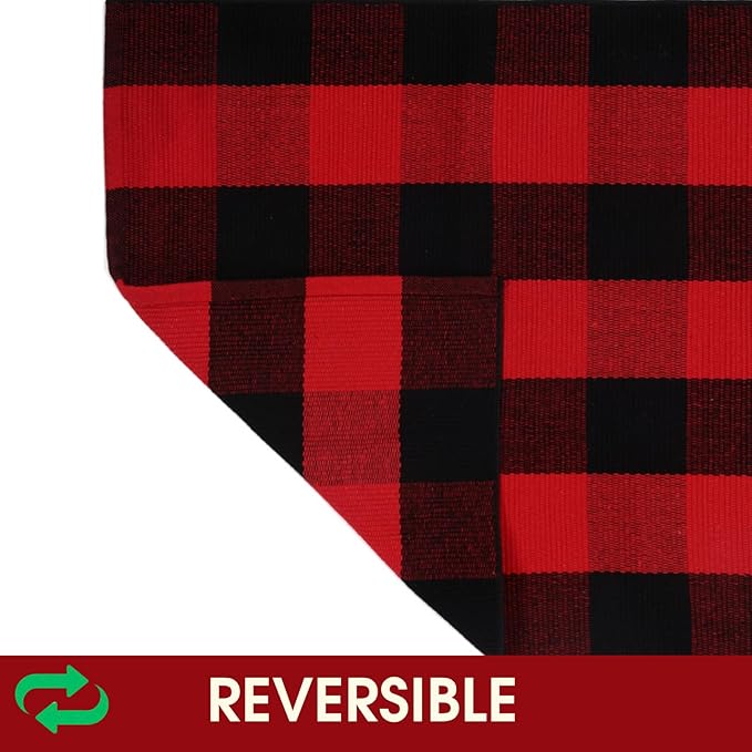 Christmas Red and Black Plaid Rug, 28 x 43 Inches Cotton Hand-Woven Layered Door Mat for Front Porch, Entryway, Outdoor Holiday Decor, Washable Buffalo Check Rug for Home, Patio, Kitchen