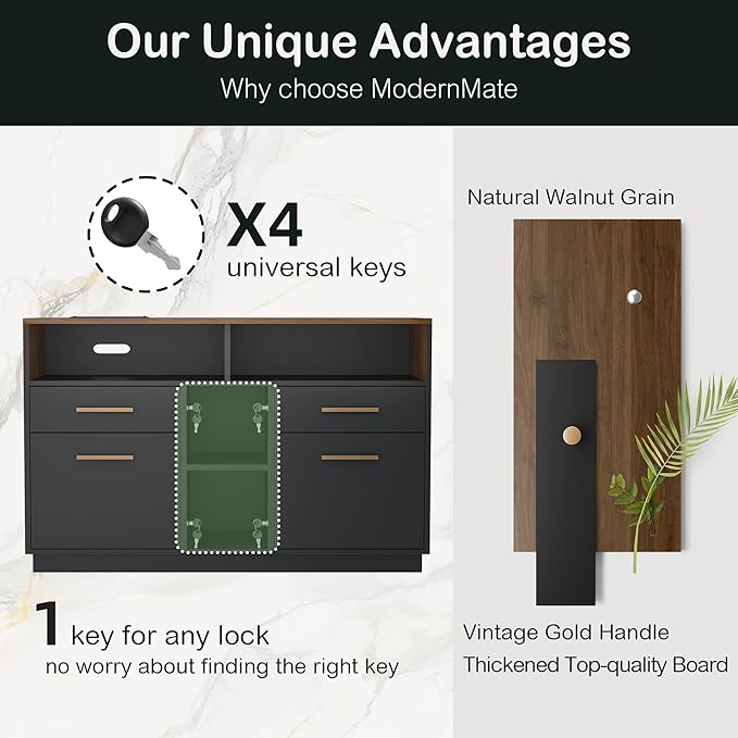 4 Drawer File Cabinet, Wood Filing Cabinet for Home Office with Lock, Power Strip, Storage Shelves, Home Office Lateral File Storage Fits Legal/Letter Size, Black Walnut