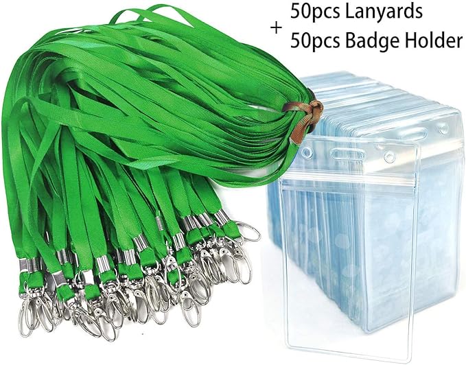 Lanyard with ID Holder 50 Pcs Waterproof Name Tag Badge ID Card Holders ID Pass Holder and 50 Pcs Flat Neck Lanyards Swivel Hook (Green, Vertical)