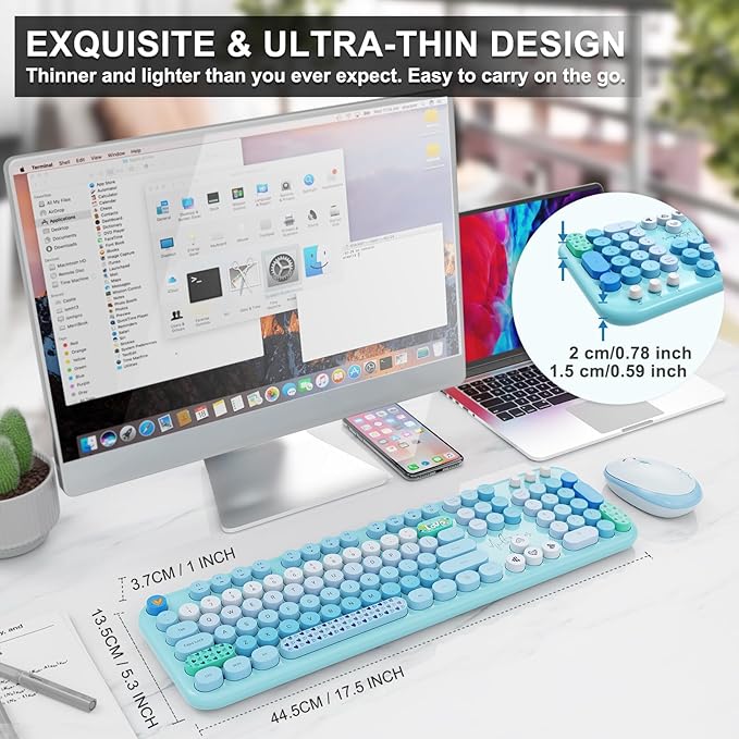 FOPETT Wireless Keyboard and Mouse Combo - 2.4G Full-Sized Cute Colorful Retro Keyboard with Round Keycaps 104 Keys Typewriter Keyboard for Laptop/Windows/PC-Blue Colorful