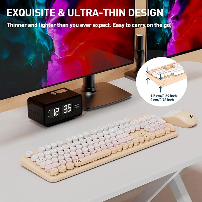 Wireless Keyboard and Mouse Combo, 105 Round Keys Full-Size Cute Colorful Pink Cordless Keyboard and Mouse with Retro Typewriter for PC/Mac/Laptop/Tablet/Computer/Windows Pink