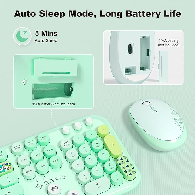 MOFII Wireless Keyboard and Mouse Combo, Cute Full Size Retro Typewriter Keyboard and Wireless Mouse, 2.4GHz Set for PC/Desktop/Laptop/Windows (Green Colorful)