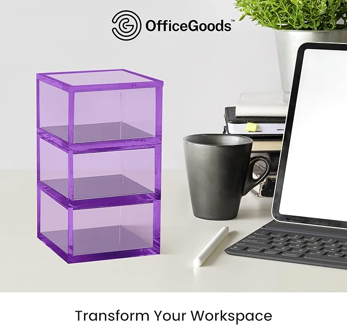 OfficeGoods 3-Tier Stackable Acrylic Holder- Stylish Desk Organizer and Storage for Office or Home – Transparent Square Design, Purple with Silver Metal Base