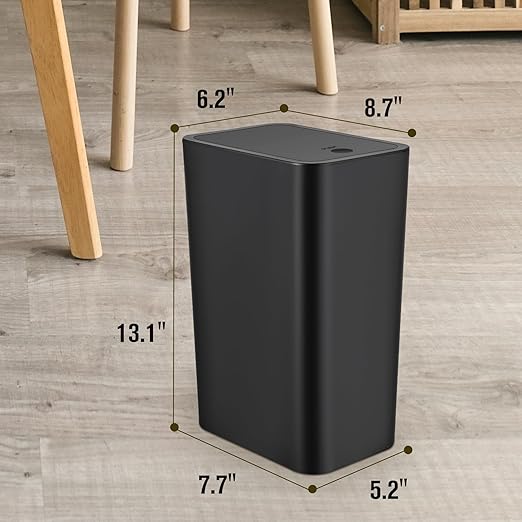 TrashAid Bathroom Trash Can, 2.6 Gallon / 10 Liter Small Garbage Can with Press Top Lid, Plastic Wastebasket with Pop-up Lid for Toilet, Office, Bedroom, Living Room, Black