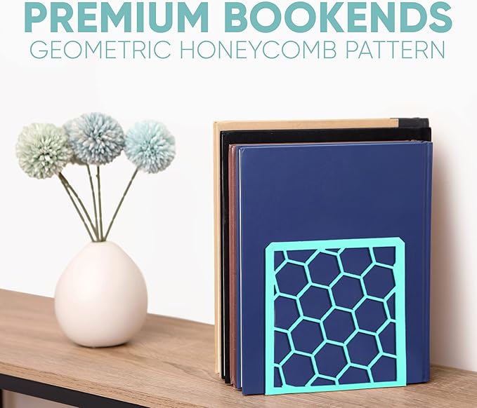GEOMOD Geometric Honeycomb Turquoise Metal Bookends Decorative - Tall Sturdy Book Ends for Shelves - Modern Heavy Duty Bookend Stopper - Office Shelf Book Holder - 6x3.25x6.25 Inches - 1 Pair