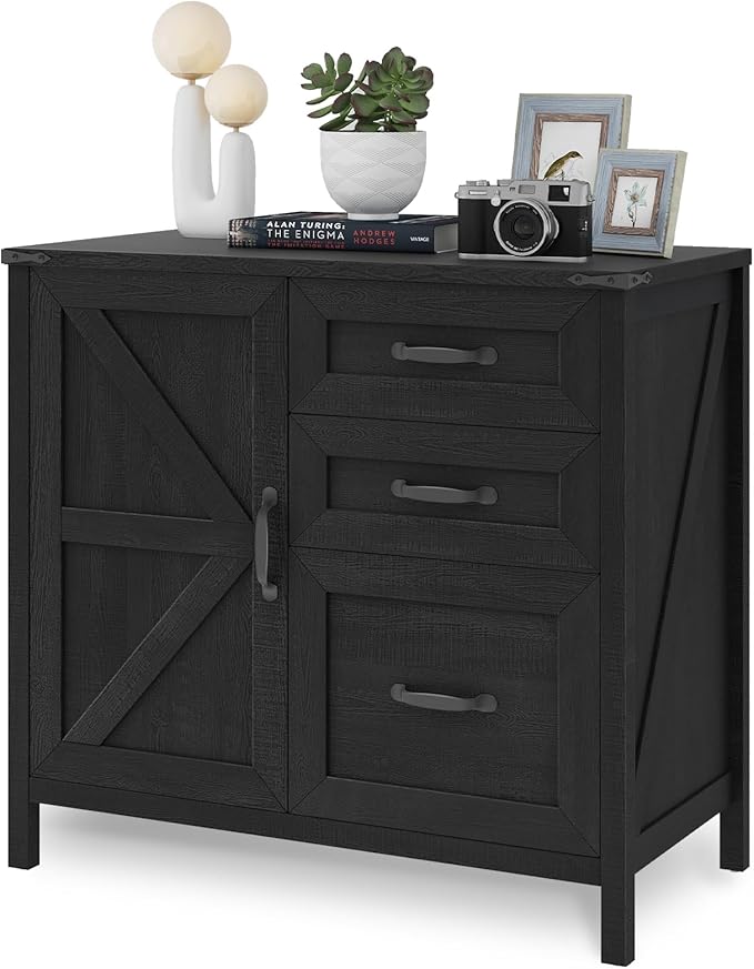 Lateral File Cabinet with 3 Drawers, Farmhouse File Cabinet for Letter/A4 Size Hanging Files, Large Wood File Storage Cabinets Printer Stand for Home Office Furniture, Black