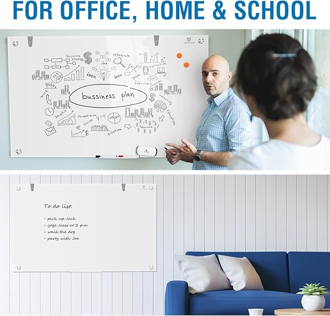 TSJ OFFICE Glass Dry-Erase Board - 36 x 24 Inches Brilliance White Magnetic Glass Whiteboard, Wall Mounted Large Frameless White Board for School, Home & Office