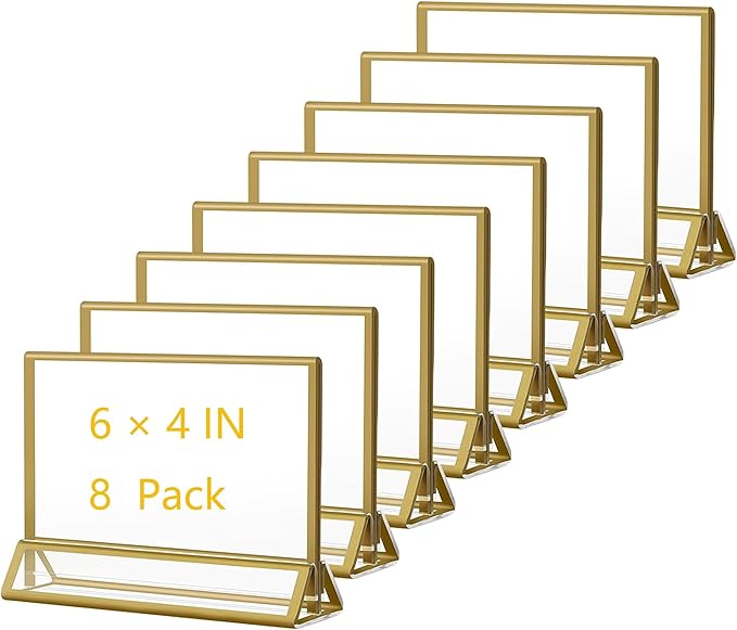 Acrylic Sign Holders Golden Border 8 Pack 6x4 Wedding Table Number Frames Double Sided Table Menu Stands with Horizontal Stand, Photos and Art Display