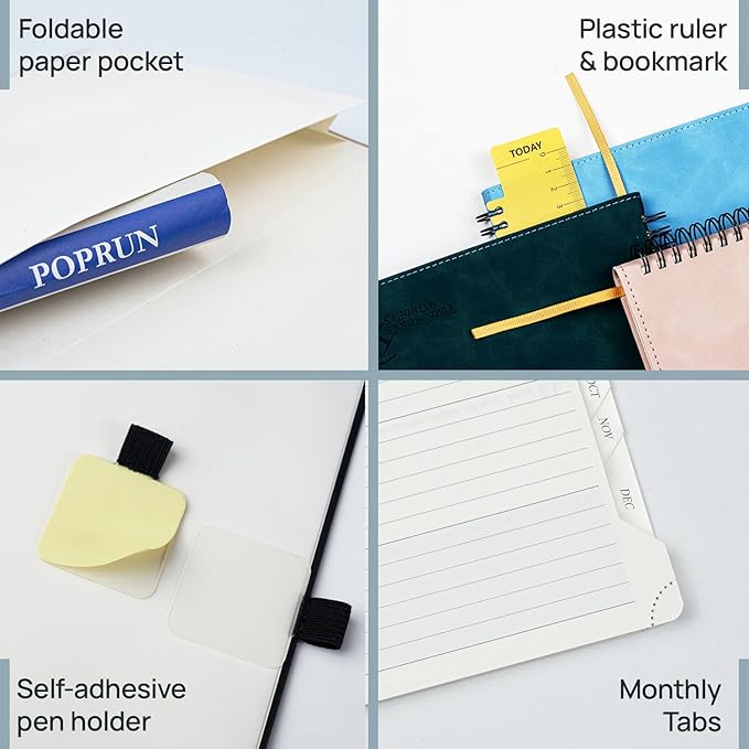 POPRUN 2026 Planner Weekly Notebook Calendar (Jan-Dec), Large Size 8.5'' x 10.5'' - Agenda 2026 Appointment Book with Monthly Tabs, Inner Pocket, Spiral Soft Cover, 100 GSM - Cerulean Blue