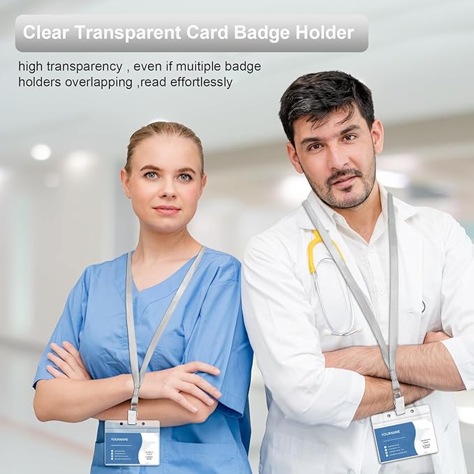 100 Pcs Lanyards for ID Badges and 100 Pcs Clear Name Tag Holders Reusable Lanyard with Clip Plastic ID Card Badge Holder Name Badges for Adults Kids Business School Office Supplies (Gray)