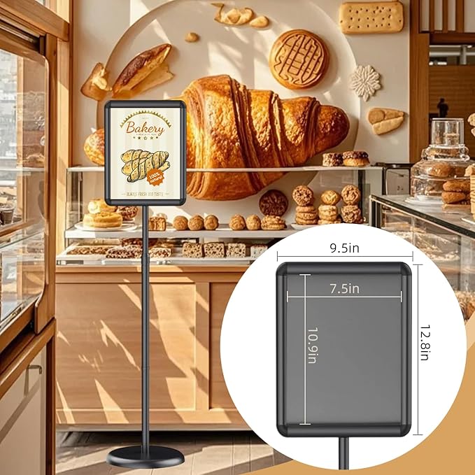 Sign Holder Stand 8.5x11 inch, Adjustable Floor Sign Stand for Display with Snap-Open Frame, Portable Standing Sign Holder for Business Retail Events, Black