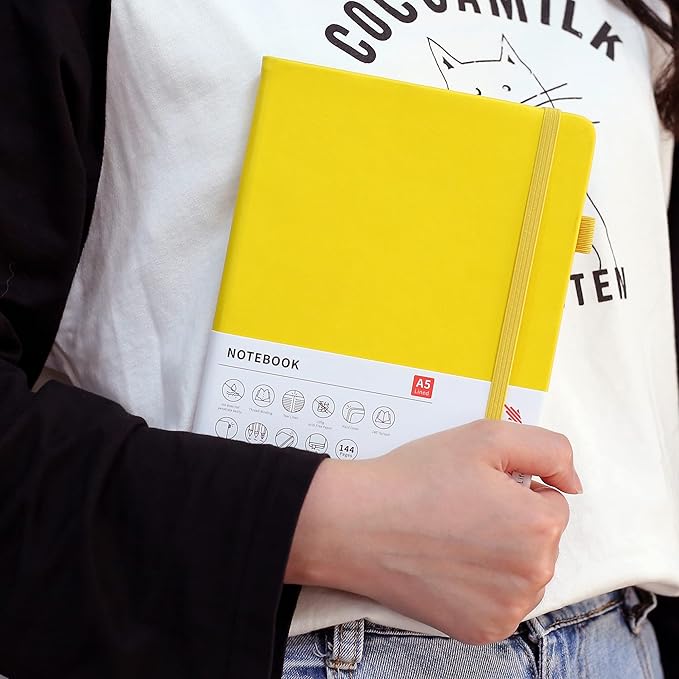 Deziliao Lined Journal Notebooks with Pen Loop, Hardcover Notebook Journal for Work, 100Gsm Premium Thick Paper with Inner Pocket, Medium 5.7''''x8.4'''', ?Yellow, Ruled, 1 Pack