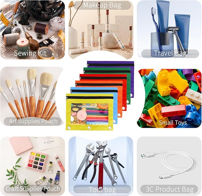 Pencil Pouch for 3 Ring Binder, 6 Pack Pencil Bags with Zipper, Large Capacity Pencil Case for Binder Assorted Color Pencil Case Pouch with Clear Window and Grommets Pencil Pocket for Office Supplies