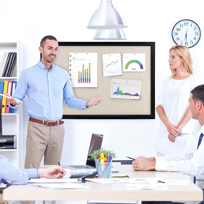 Bulletin Board Cork Board with Linen, 100% Wood Framed 24" x 36" Bulletin Board Decorations, Pin Boards for Walls, Wall Mounted Fabric Picture Board with 10 Pushpins for School, Home & Office, Black