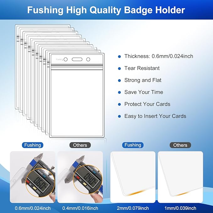 Fushing 50pcs Clear Plastic Vertical Name Tags Badge ID Card Holders and Blue Neck Lanyards with Swivel Hook for School, Festival, Event (XXL)