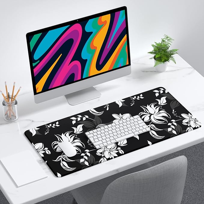 Desk Mat, 32" x 12" XXL Extended Large Gaming Mouse Pad, Desktop Decor Desk Pad, Cute Men Women Office Supplies and Accessories, XL Mouse Mat for Laptop & Keyboard, Black White Flowers