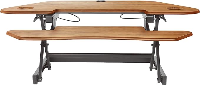 Rocelco 46" Height Adjustable Corner Standing Desk Converter with Dual Monitor Arm BUNDLE - Quick Sit Stand Up Computer Workstation Riser - Extra Large Keyboard Tray - Teak Wood Grain (R CADRT-46-DM2)