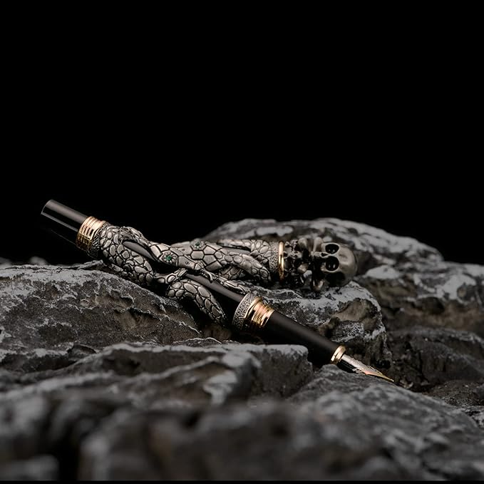 Jinhao Black Snake Fountain Pen Medium Nib Retro Style with Skull Head Solid Metal and Paper Pen Case Set