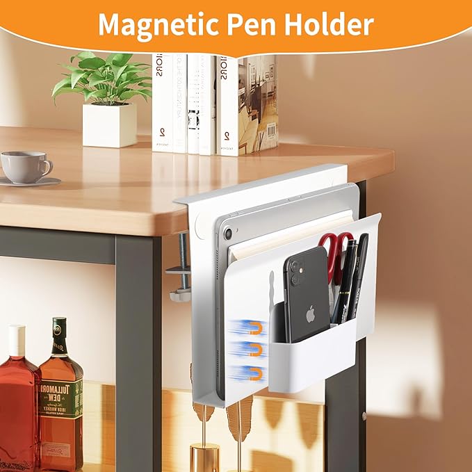 Desk Side Storage Under Desk Laptop Holder, No Drill Hanging Desk Organizer with Pen Holder, Clamp-On Table Side Tray Desktop Organization Mount for Office and Home (White)