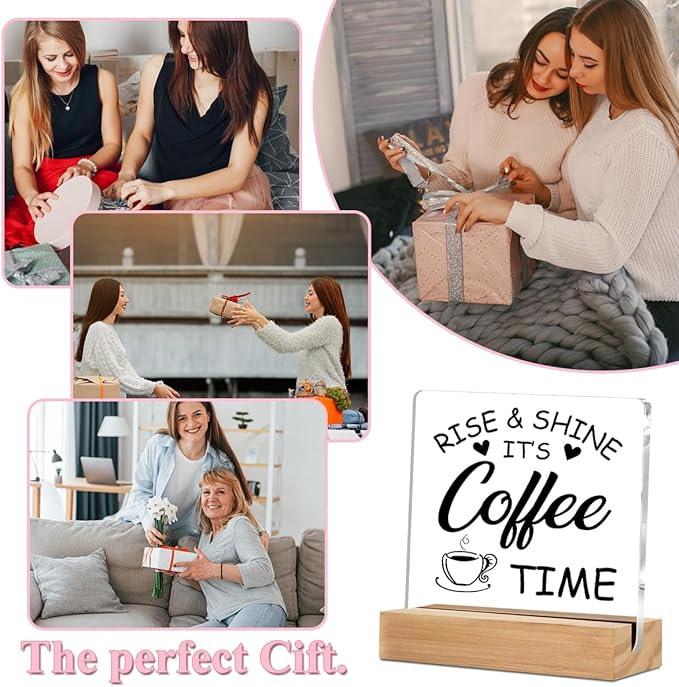 Coffee Bar Decor Acrylic Sign with Wood Stand, Coffee Lover Gifts Coffee Decor Coffee Shop Bedroom Living Room Desk Cubicle Coffee Table Shelf Decor, Coffee Gifts for Coffee Lovers Coffee Sign