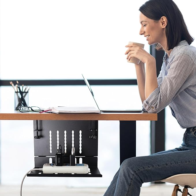 LUKETURE Desk Side Storage, Laptop Holder with Cable Management Tray, 2 in 1 Steel Under Desk Laptop Mount, Table Organization, Space Saving Table Accessories for Office and Home (Black)