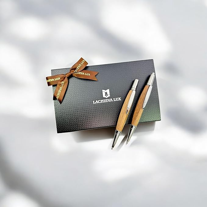 LACHIEVA LUX Walnut Wood Ballpoint Pen and Mechanical Pencil Set – Triangle Grip, Luxury Gift for Men and Women, Includes Refills and Gift Box