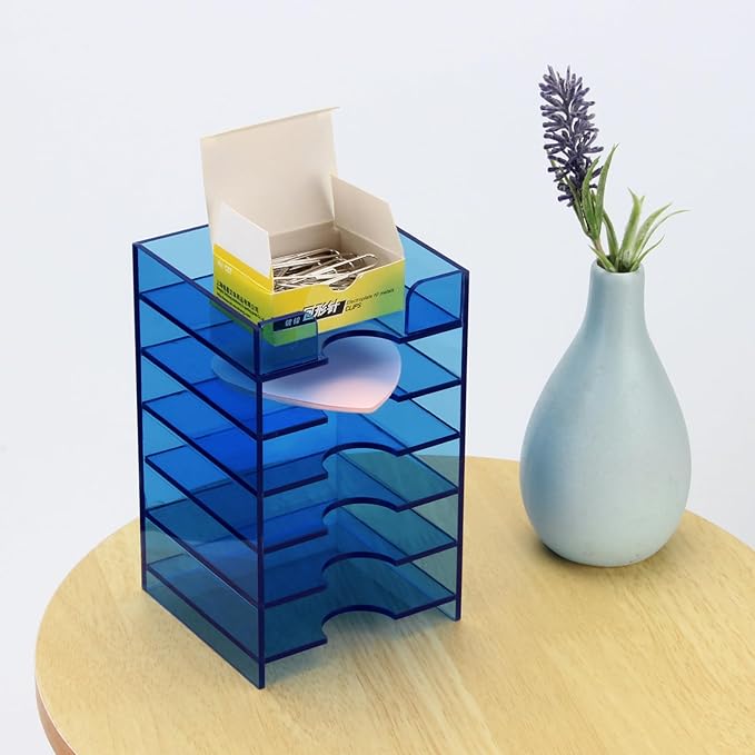 Acrylic Sticky Note Holder 6-Tiers, Sticky Note Organizer for Desk Colorful, Desktop Multiple Self Stick Note Pad Holder for Office Home School Desk Accessories Stationery Supplies, Blue