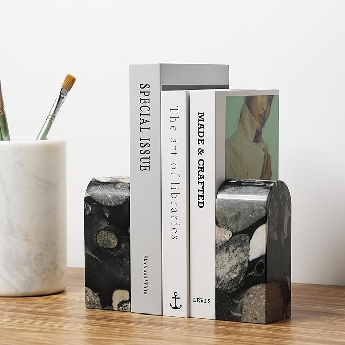 Koville Luxury Marble Bookends for Shelves, Decorative Stone Book Ends, 7lbs Heavy-Duty Marble Book Holders, Bookshelf Apartment Decor for Normal Books/CD/Video Games