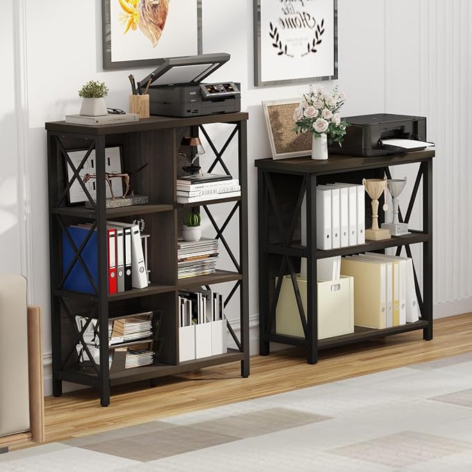 FATORRI 6 Cube Storage Organizer Shelf, Rustic Wood and Metal Cubby Bookcase, Industrial 4 Tier Cube Bookshelf (Walnut Brown)