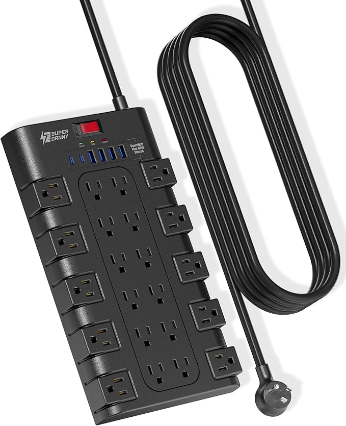 10Ft Power Strip Surge Protector, SUPERDANNY Charging Station 22 Outlets with 45W Type-C Fast Charging USB Ports, 4 USB-A, 2 USB-C, 2100J, 15A/1875W, Flat Plug Extension Cord for Home Office Black