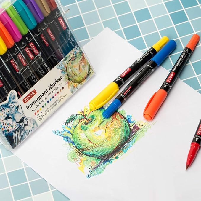 ZEYAR Twin Tip Permanent Markers, CD/DVD Markers, 12 Color, Ultra Fine Point and Fine Point for Signature and Marking (12 Colors)