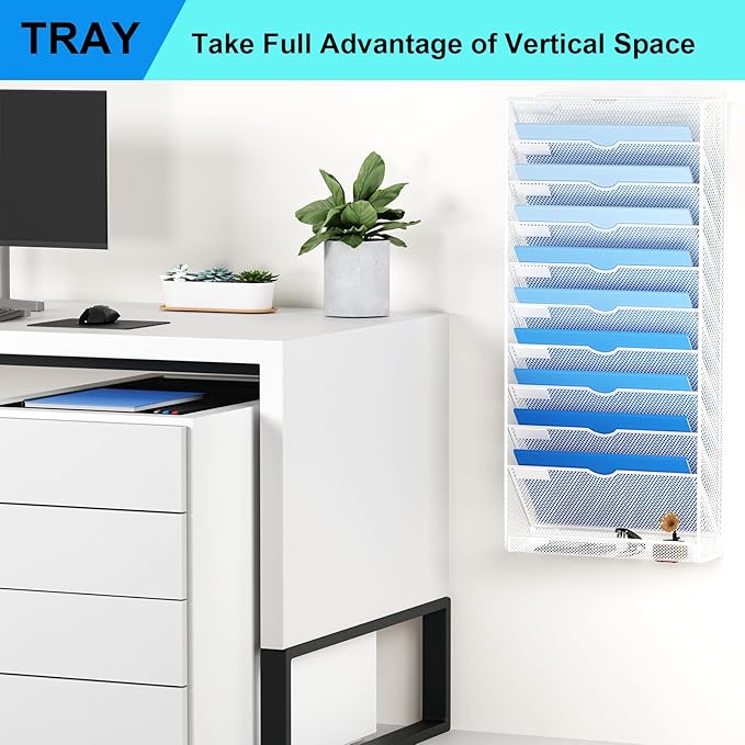 Hanging Wall File Organizer 10 Tier Wall Mounted File Holder Document Wall Organizer Magazine Organization for Office Home, White