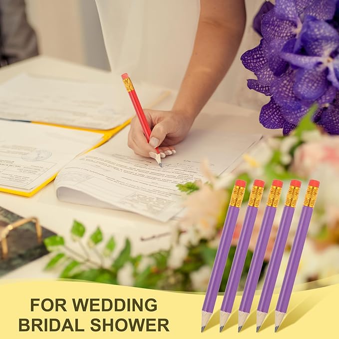 MECCANIXITY Golf Pencils with Erasers, 4" HB Mini Half Pencils Pre Sharpened Small Pens for Wedding Bridal Shower Game Office Writing Drawing(Purple, Pack of 20)