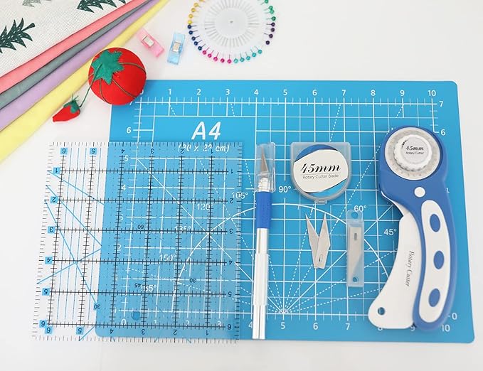 39 Pcs Rotary Cutter Set Blue - Quilting Kit incl. 45mm Fabric Cutter with 5 Extra Blades, A4 Cutting Mat, 2 Craft Knife Set, Quilting Ruler and Sewing Clips, Ideal for Crafting, Sewing, Patchworking