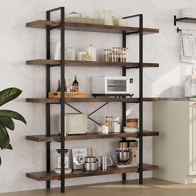 5 Tier Bookcase, 47 Inch Wide Wood Bookshelf, 120lbs Shelf Capacity, Rustic Open Shelving Industrial Display with Reinforced Horizontal Brown Shelves for Living Room Bedroom Office
