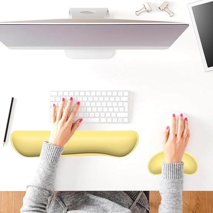 Dapesuom Keyboard Wrist Rest Set, Cute PU Leather Wrist Cushion for Computer Keyboard and Mousepad, Memory Foam Mouse Pad Rests Support with Non-Slip Base for Typing Pain Relief, Laptop, Lemon Yellow