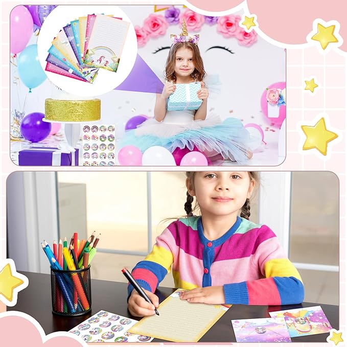 TaoBary 160 Pcs Stationery Paper Set 50 Double Sided Stationery Papers with 50 Matching Envelopes and 60 Round Dot Sticker, 10 Design(Unicorn,5.5 x 8.25 Inch)
