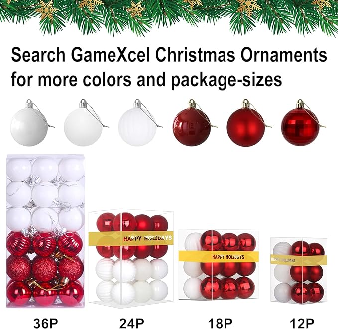Red & White 2.5" Christmas Balls Christmas Tree Decoration Ornaments Shatterproof Hanging Balls for Birthday Halloween Holiday Wedding Decorations Set of 24pcs