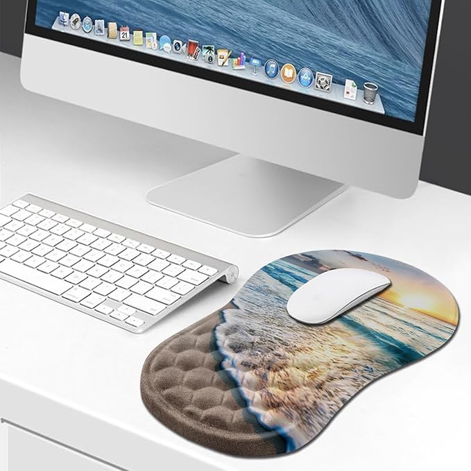 Hokafenle Ergonomic Mouse Pad Wrist Support, Wrist Rest Mousepad for Carpal Tunnel Pain Relief with Integrated Memory Foam Slope Massage Bulge (11.8x7.9 inch,Beach Sunset