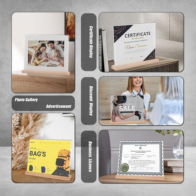 11 x 8.5Horizontal Acrylic Sign Holder with Combined L and T-Shaped Wood Base,High transparency table card stand for Ads, Menu, Picture,Welcome sign or other Flyer(3 packs)