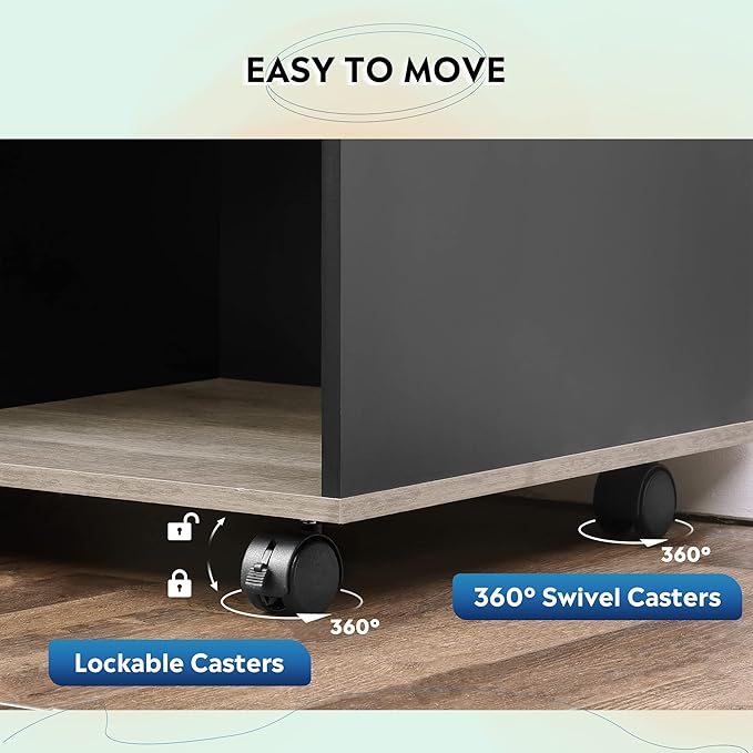 DEVAISE 3-Drawer Wood File Cabinet, Mobile Lateral Filing Cabinet, Printer Stand with Open Storage Shelves for Home Office, Greige