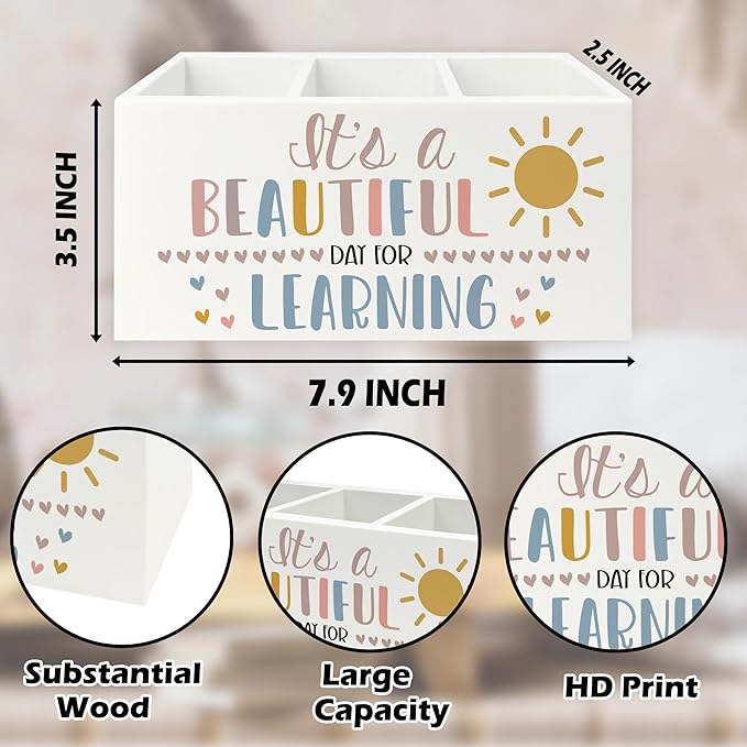 Boho Classroom Pen Pencil Holder Organizer for Desk, It's a Beautiful Day for Learning Wooden Box Signs Decorations for Home Office Desk Tabletop, Boho Classroom Decor