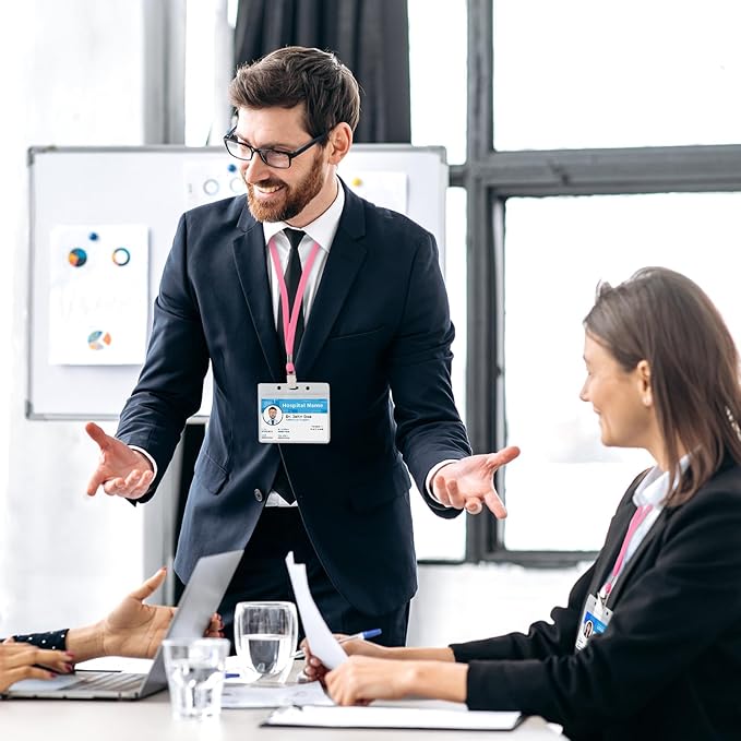 Marspark 50 Sets Clear Name Tags with Lanyard, Lanyards for ID Badges Reusable Strap with ID Holder Plastic Name Badges for Adults Business School Church Conference (Pink)