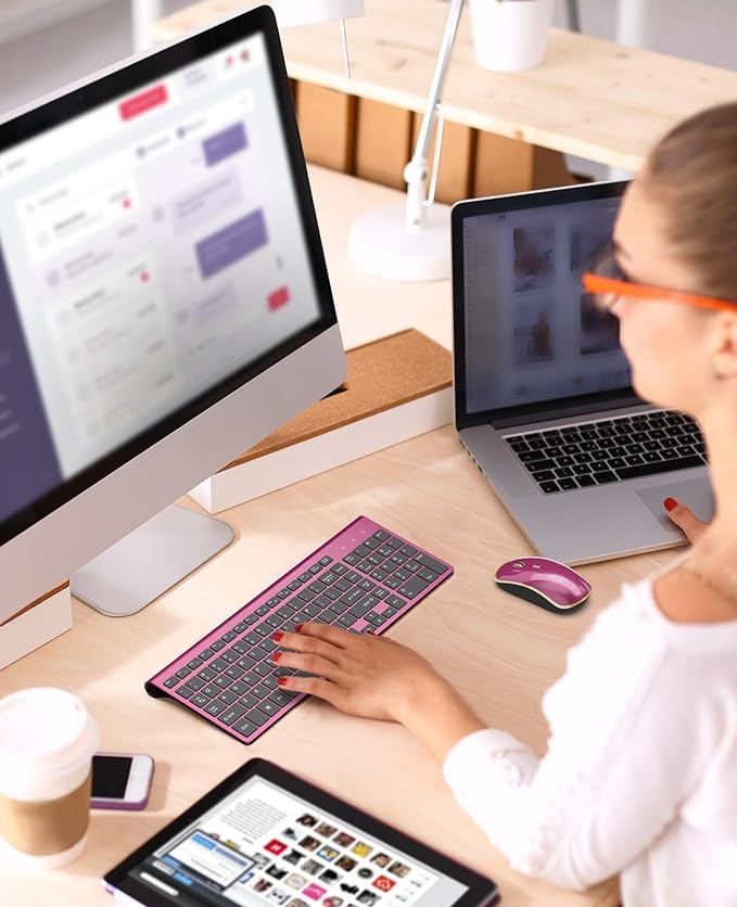 Wireless Keyboard Mouse Combo,J JOYACCESS 2.4G Compact and Ultra Slim Wireless Keyboard and Mouse for Windows, Computer, Desktop, PC, MacBook Air, Laptop-Wine Red