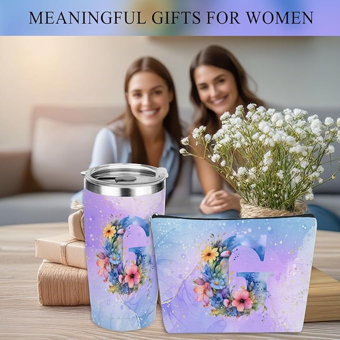 Personalized Gifts Monogrammed Birthday Gifts for Women, Her Employee Housewarming Christmas Initial 20 oz Tumbler, Makeup Bag Cup Ballpoint Pens Journal Notebook 6 Set, (Aesthetic Purple Flower G)