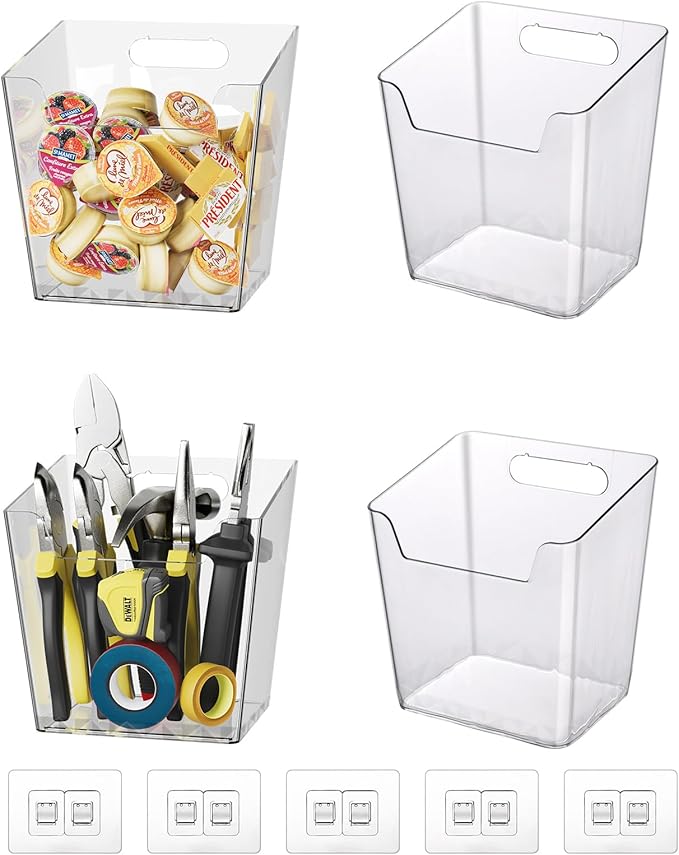 Clear Adhesive Wall Storage Bins, Large 4 Pack Cabinet Door Organizer Holders, Hanging Wall Mount Pockets, Plastic Cups for Shower Bathroom Makeup Office Craft Remote Kitchen Sink RV Organization