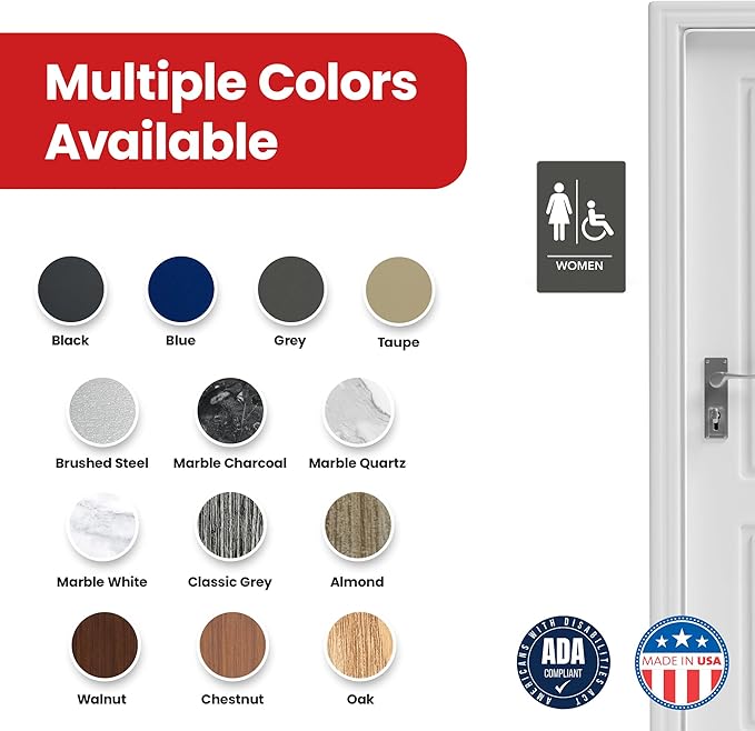 Promot Men and Women Handicap Restroom Sign – ADA Braille Bathroom Sign for Business, Self-Adhesive, 9" x 6", Commercial Door Signage, Office Wall Decor - Grey