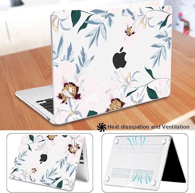 for New MacBook Air 13.6 inch Case 2025 M4 A3240 Cover, Printed Pattern Plastic Hard Shell Case Keyboard Skin for M2 M3 Mac Air 13.6 2024 2023 2022 A2681 A3113, Pink Peonies & Lilies