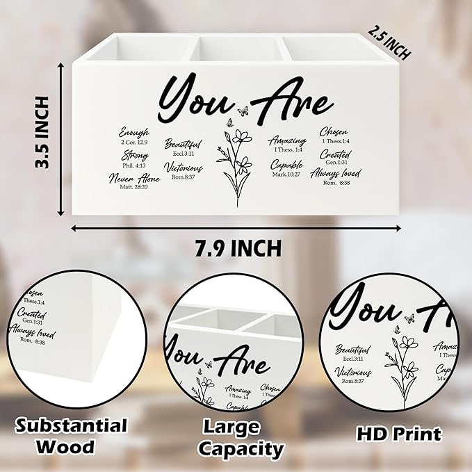 You Are Christian Pen Pencil Holder Organizer for Desk, Christian Gifts for Women, Floral Inspirational Bible Verse Wooden Box Signs Decorations for Home Office Desk Tabletop